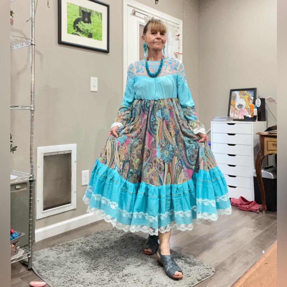 Upcycled Turquoise Boho Maxi Dress with Lacy Top & Paisley Ruffled Skirt, Size M - Picture 6 of 12